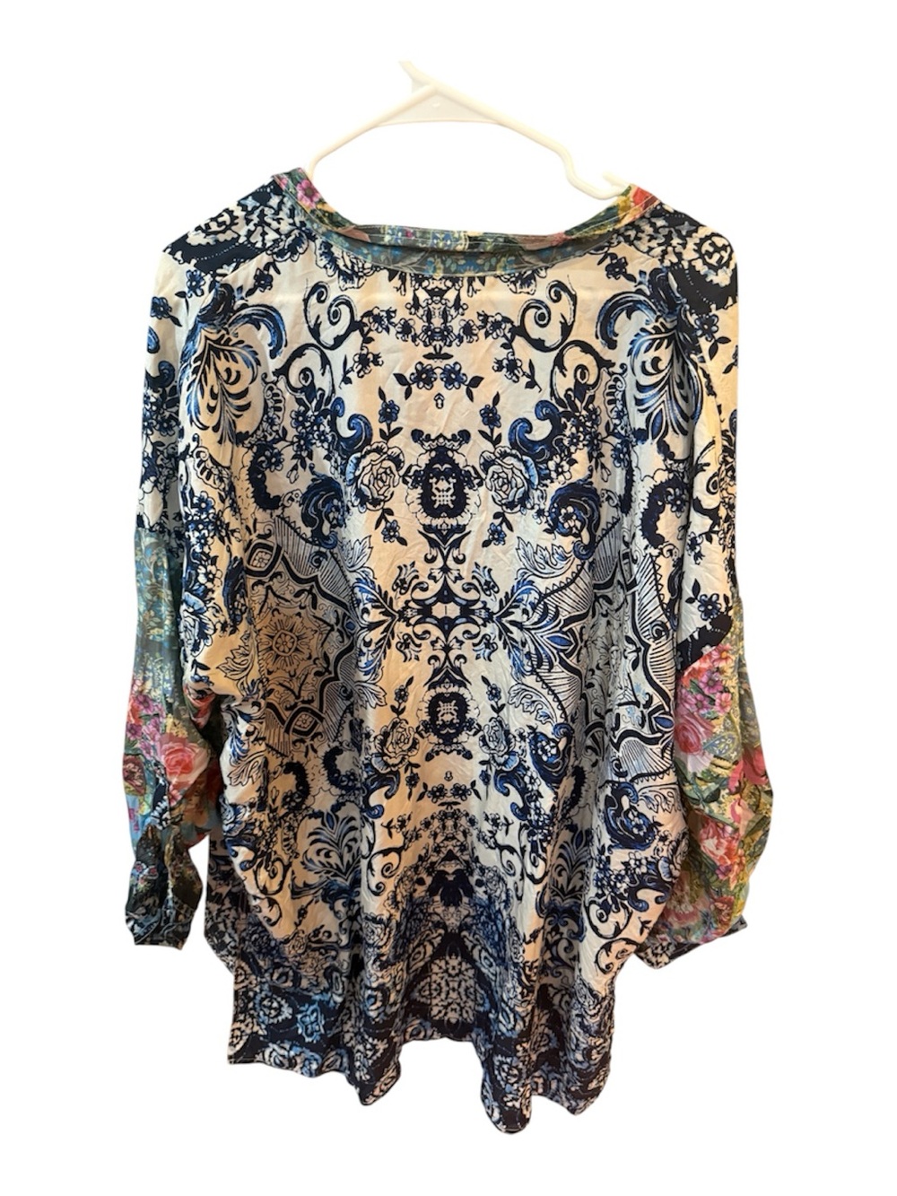 Johnny Was Silk Short sleeve button down floral batik flowy boho shirt L - Picture 3 of 8